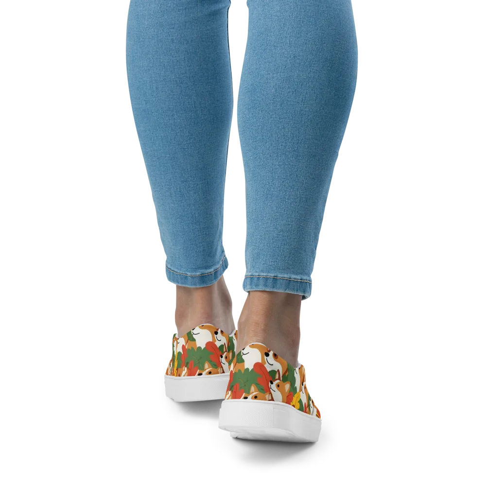 Autumn Corgi Chorus on Women's Slip-On Canvas Shoes — Back