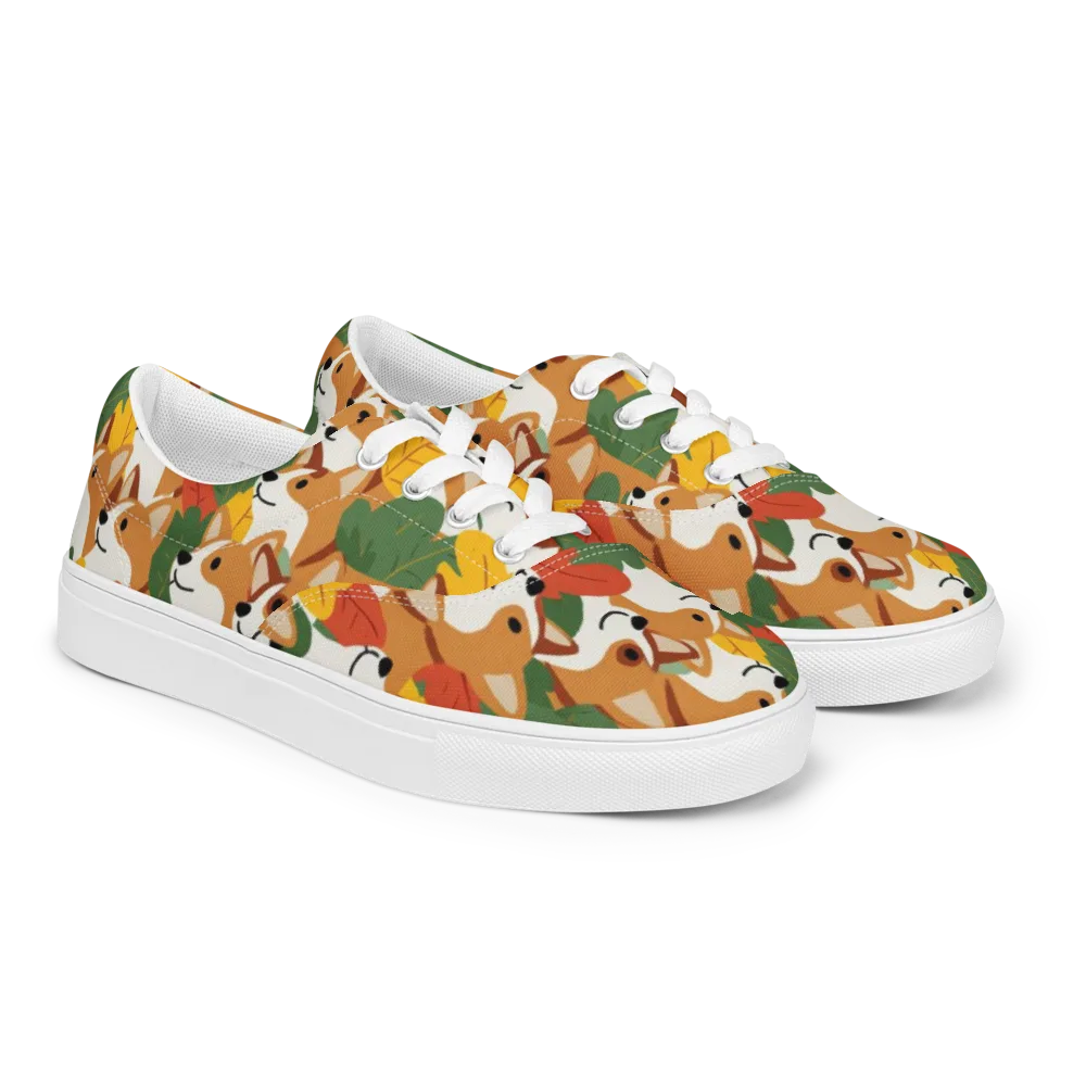 Autumn Corgi Chorus on Men's Lace-Up Canvas Shoes — Right Front