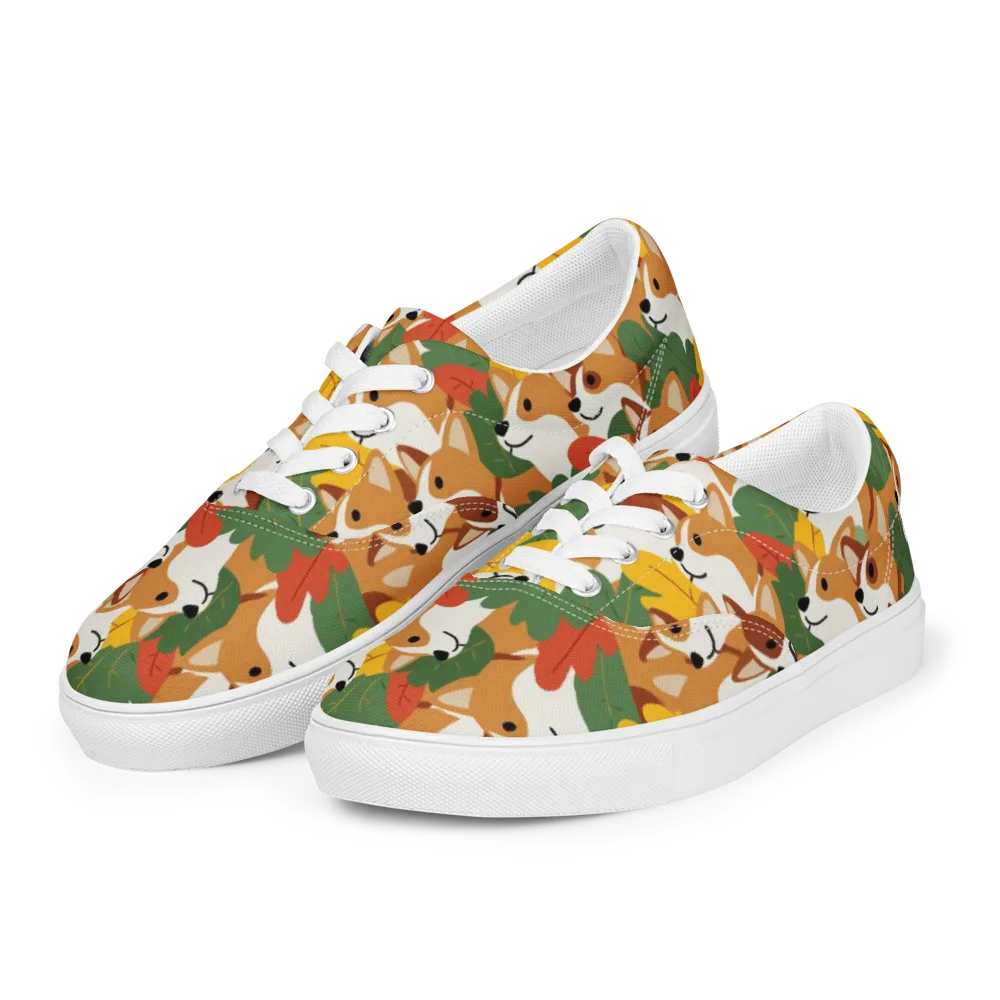 Autumn Corgi Chorus on Men's Lace-Up Canvas Shoes — Left Front