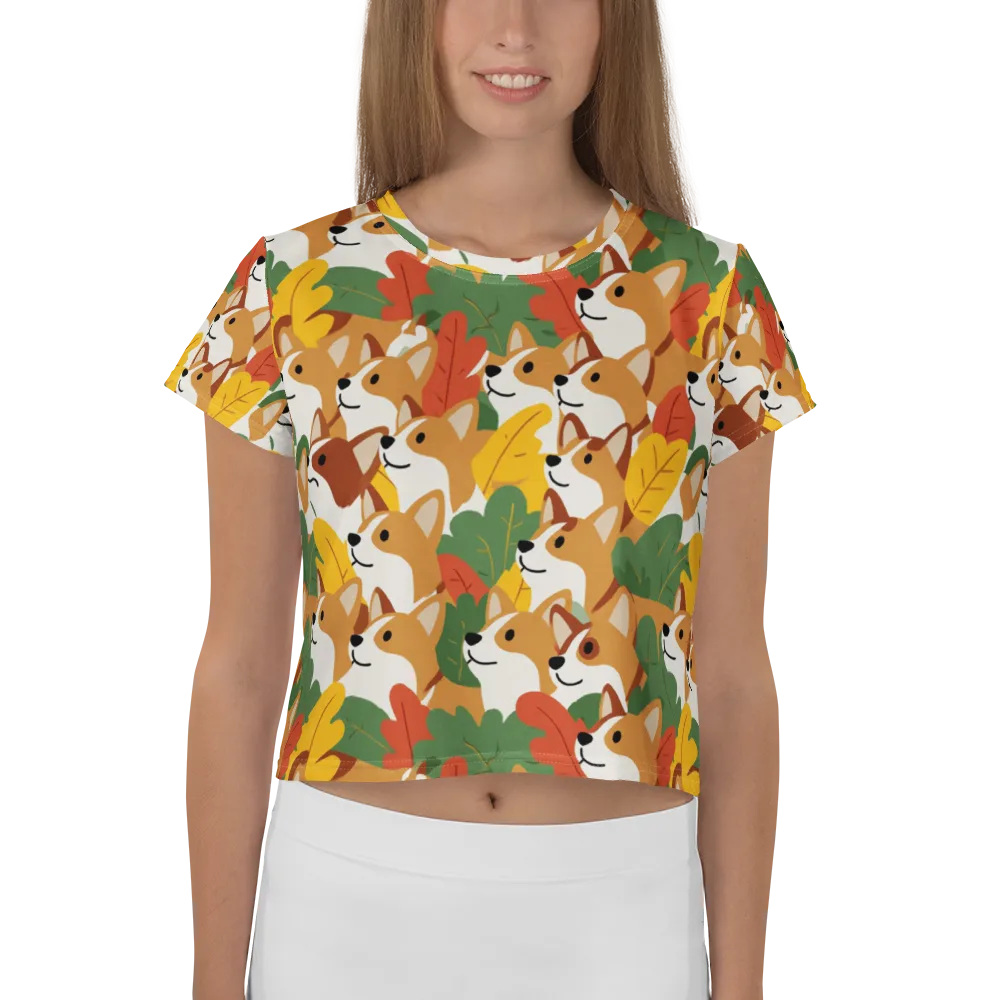Autumn Corgi Chorus on Crop Tee — Front
