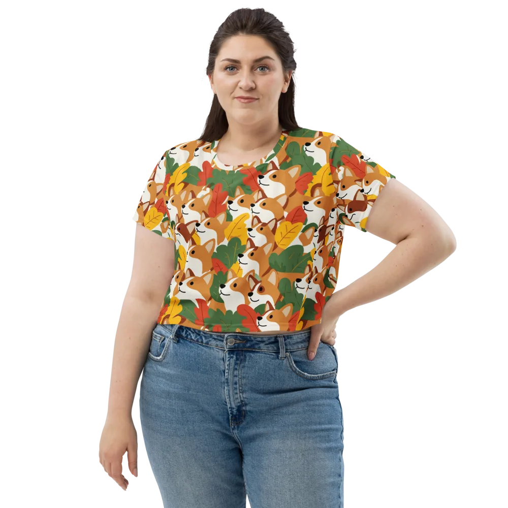 Autumn Corgi Chorus on Crop Tee — Front