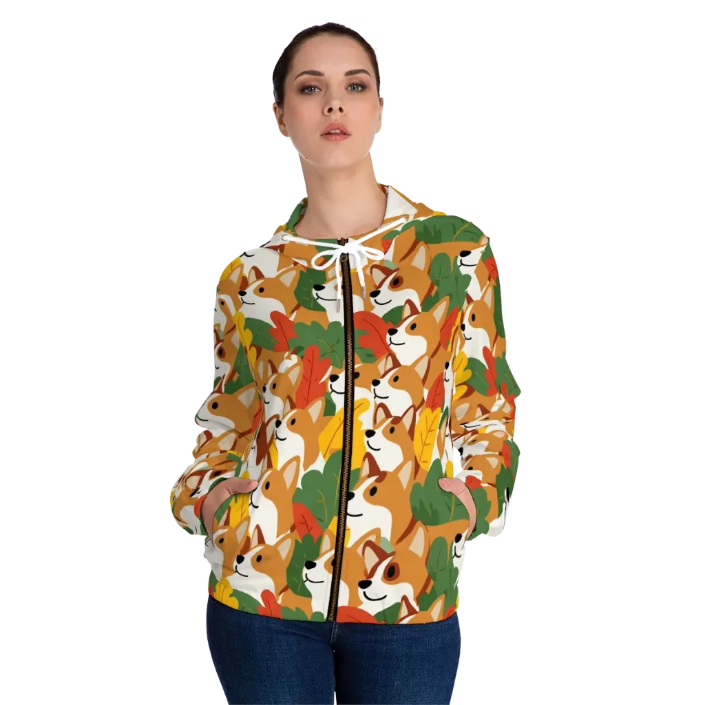 Autumn Corgi Chorus on Women's Full-Zip Hoodie — Front On Person