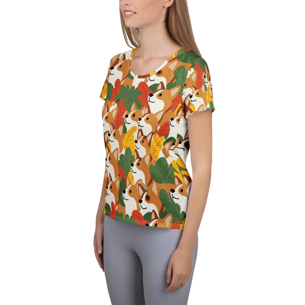 Autumn Corgi Chorus on Women's Athletic T-Shirt — Left