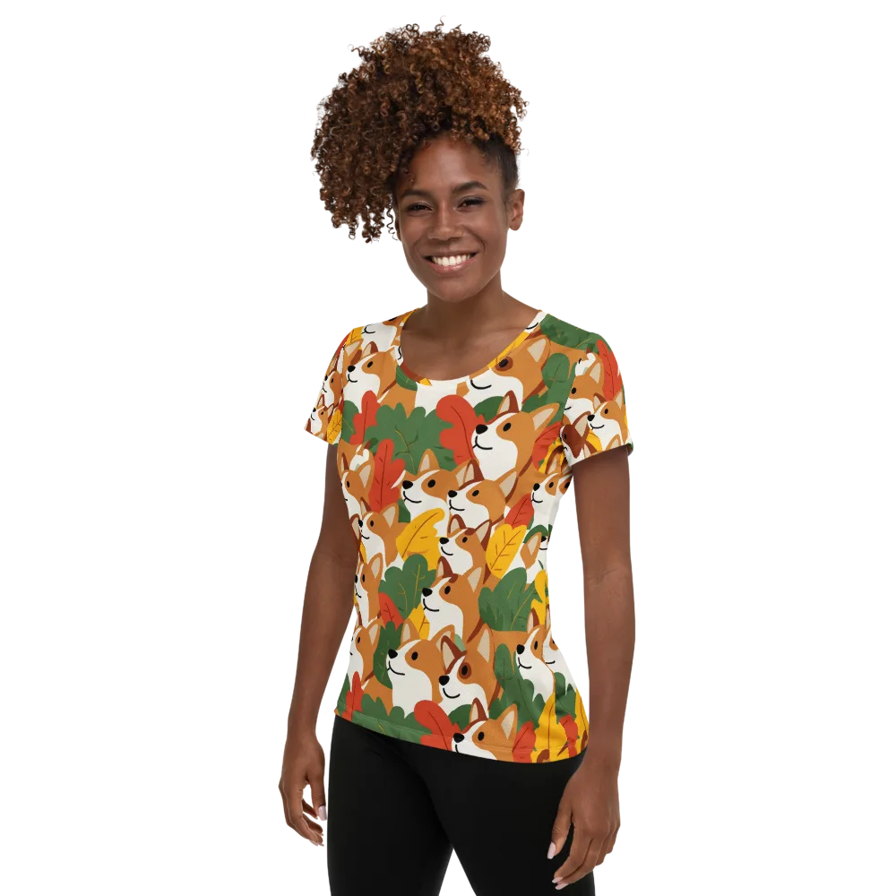 Autumn Corgi Chorus on Women's Athletic T-Shirt — Left