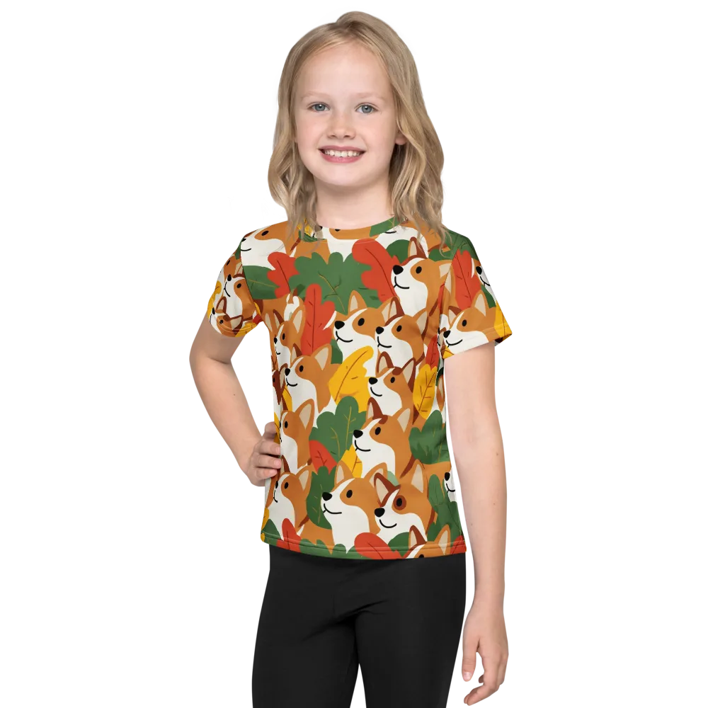 Autumn Corgi Chorus on Kids Crew Neck T-Shirt — Front
