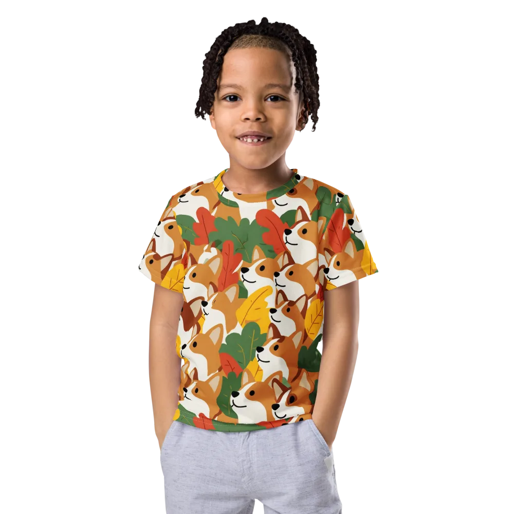 Autumn Corgi Chorus on Kids Crew Neck T-Shirt — Front