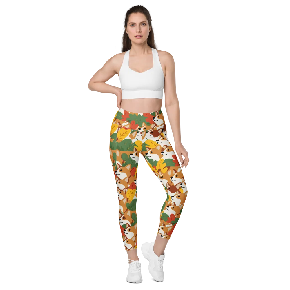 Autumn Corgi Chorus on Leggings with Pockets — Front