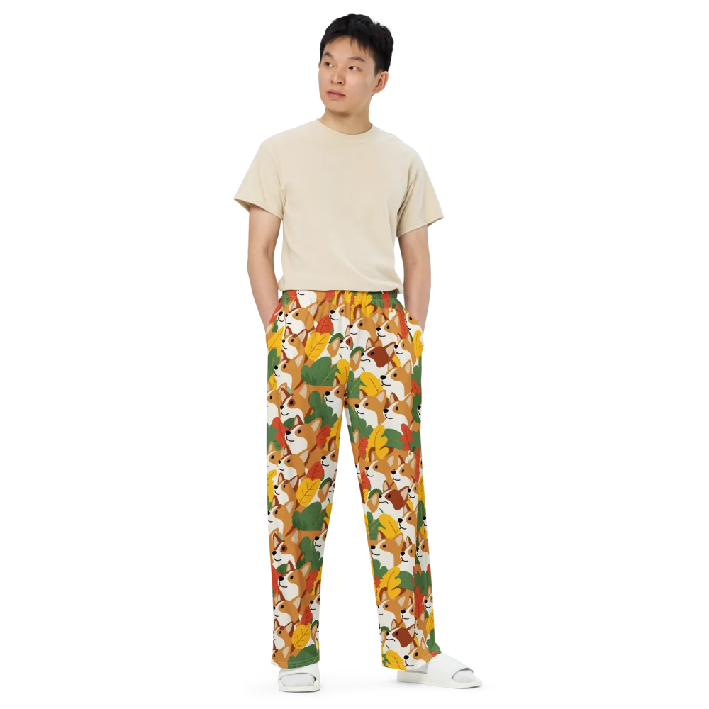 Autumn Corgi Chorus on Wide-Leg Pants — Front