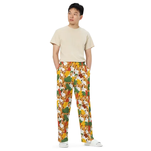 Autumn Corgi Chorus on a Wide-Leg Pants