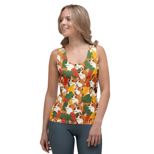 Autumn Corgi Chorus on a Women's Tank Top