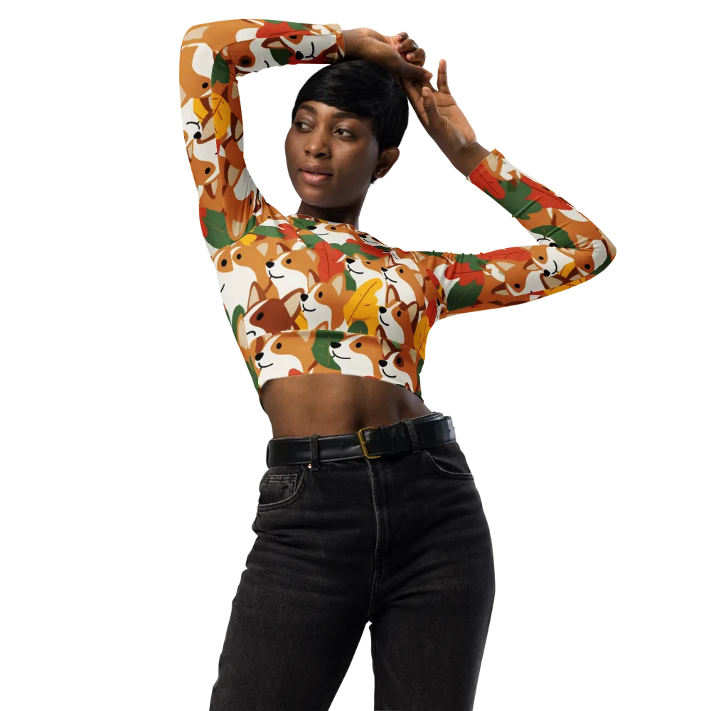 Autumn Corgi Chorus on Long Sleeve Crop Top — Front