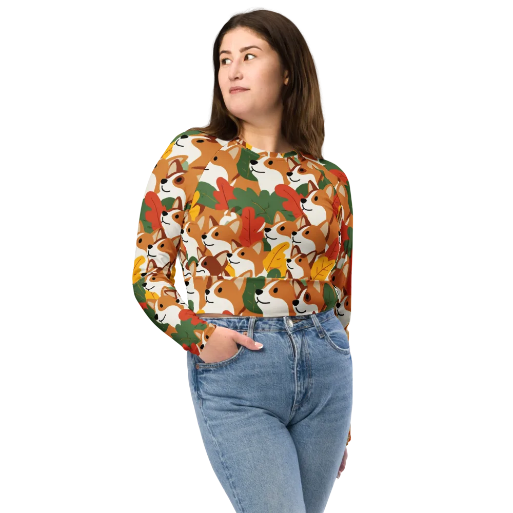 Autumn Corgi Chorus on Long Sleeve Crop Top — Front
