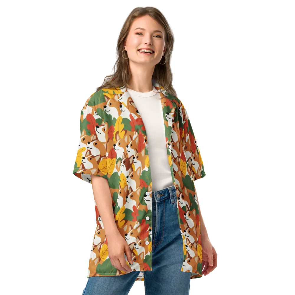 Autumn Corgi Chorus on Button Shirt — Front