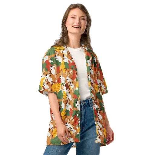 Autumn Corgi Chorus on a Button Shirt