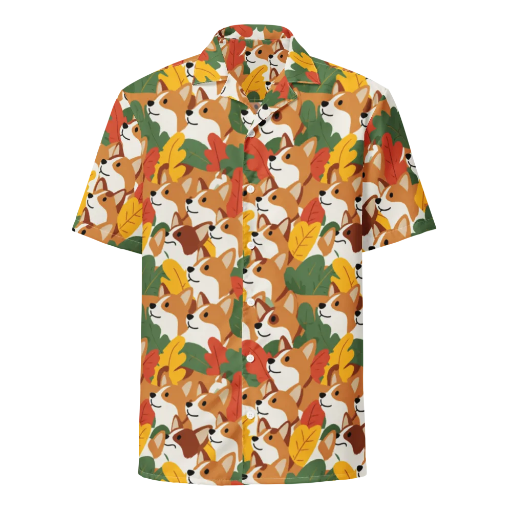 Autumn Corgi Chorus on Button Shirt — Front