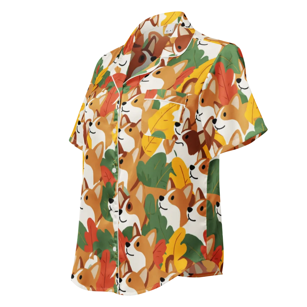 Autumn Corgi Chorus on Women's Short Sleeve Pajama Top — Left Front