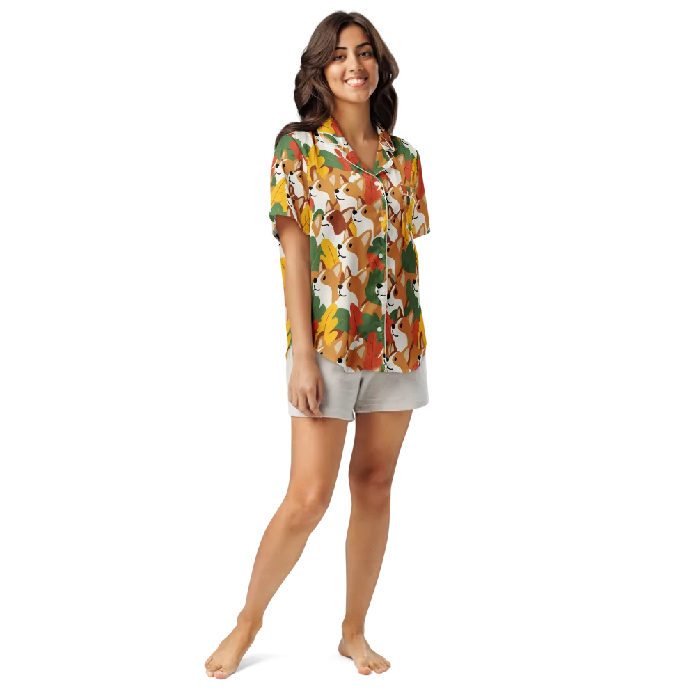 Autumn Corgi Chorus on Women's Short Sleeve Pajama Top — Front