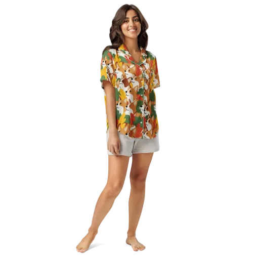 Autumn Corgi Chorus on a Women's Short Sleeve Pajama Top