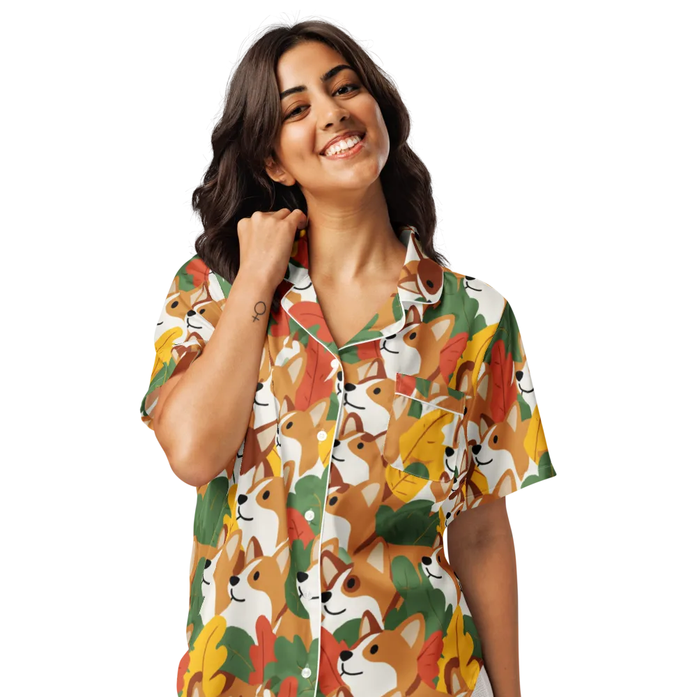 Autumn Corgi Chorus on Women's Short Sleeve Pajama Top — Front