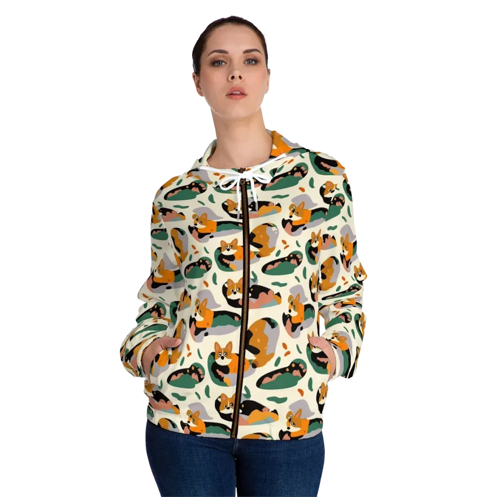 Corgi Color Field on Women's Full-Zip Hoodie — Front On Person