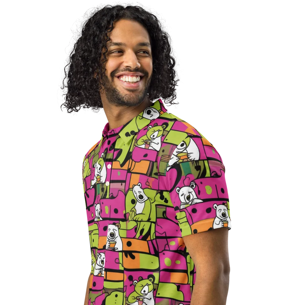 Neon Bear Blocks on Men's Slim Fit Polo Shirt — Left Front