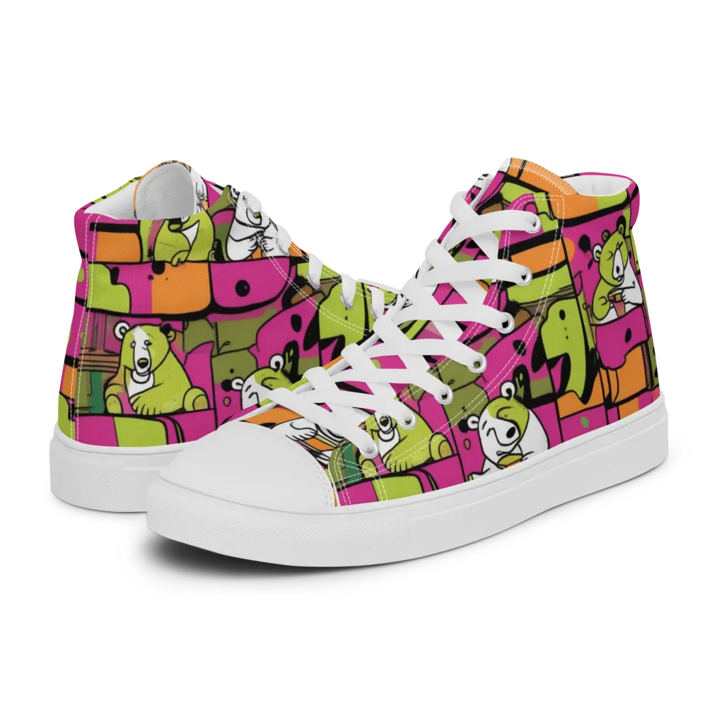 Neon Bear Blocks on Men's High Top Canvas Shoes — Left