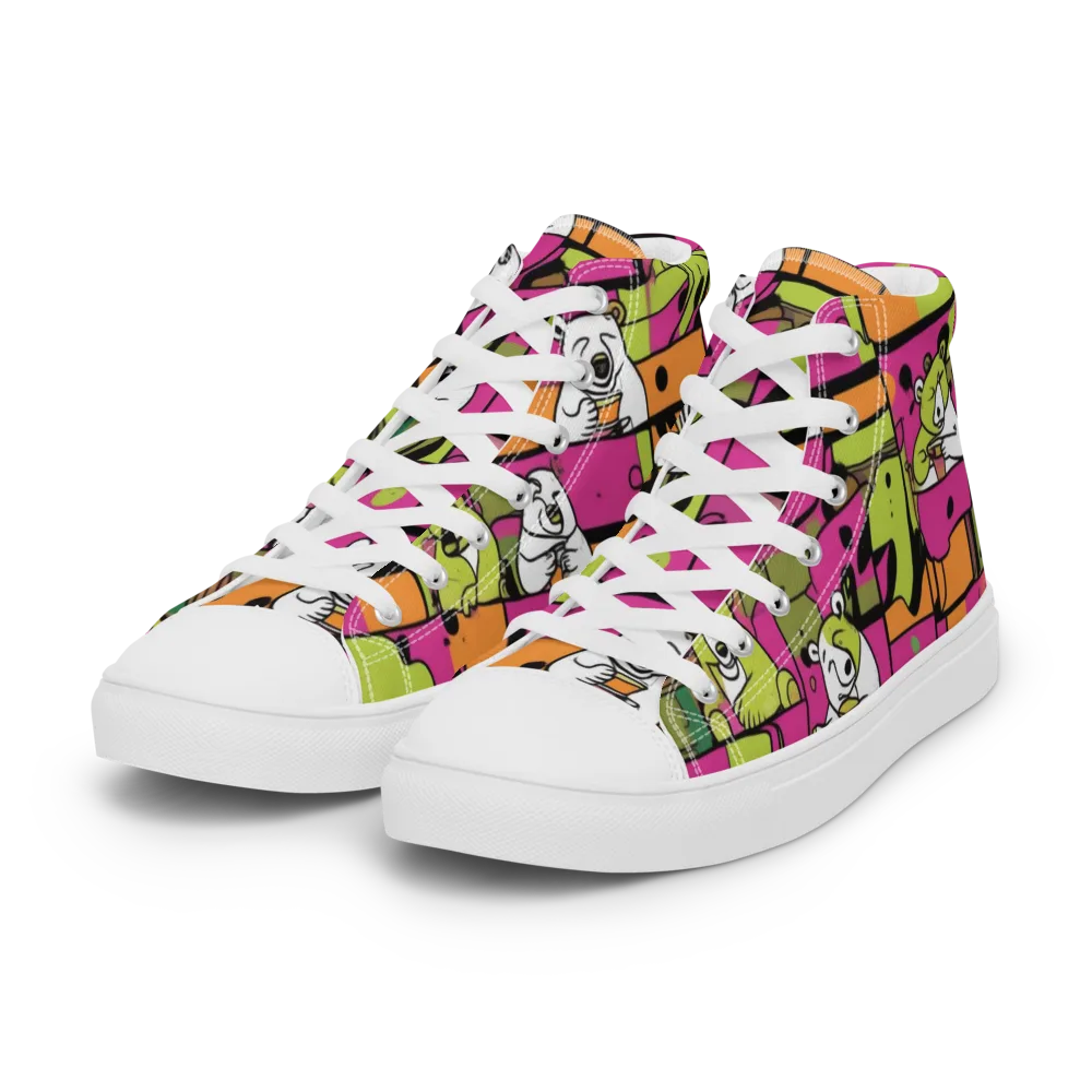 Neon Bear Blocks on Women's High Top Canvas Shoes — Left Front