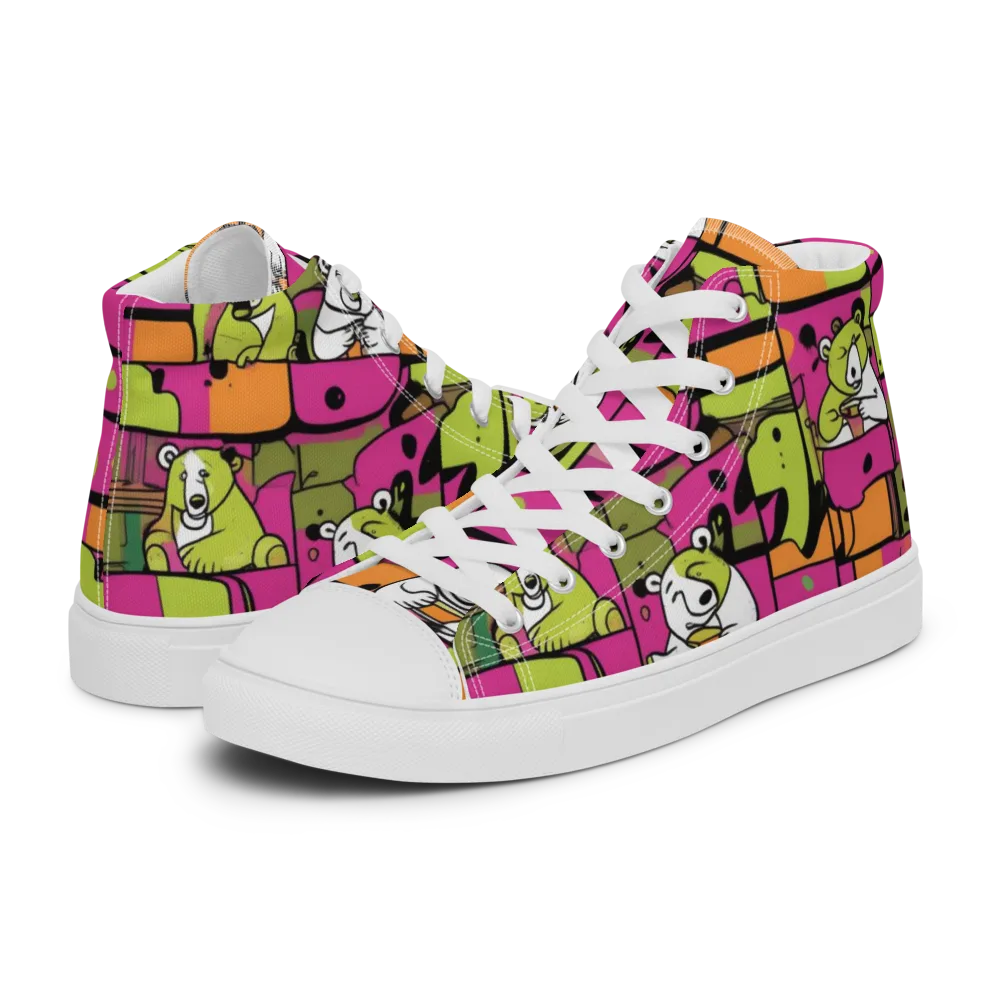 Neon Bear Blocks on Women's High Top Canvas Shoes — Left