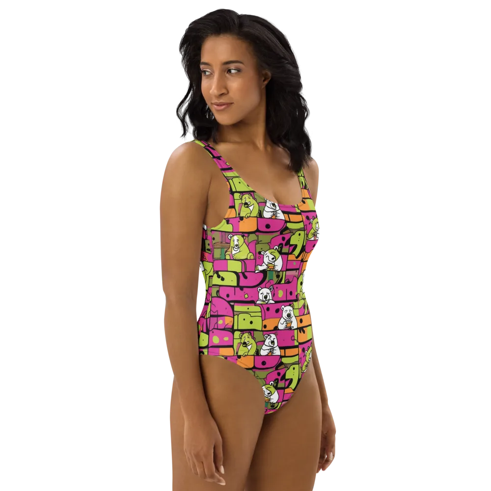 Neon Bear Blocks on One-Piece Swimsuit — Right