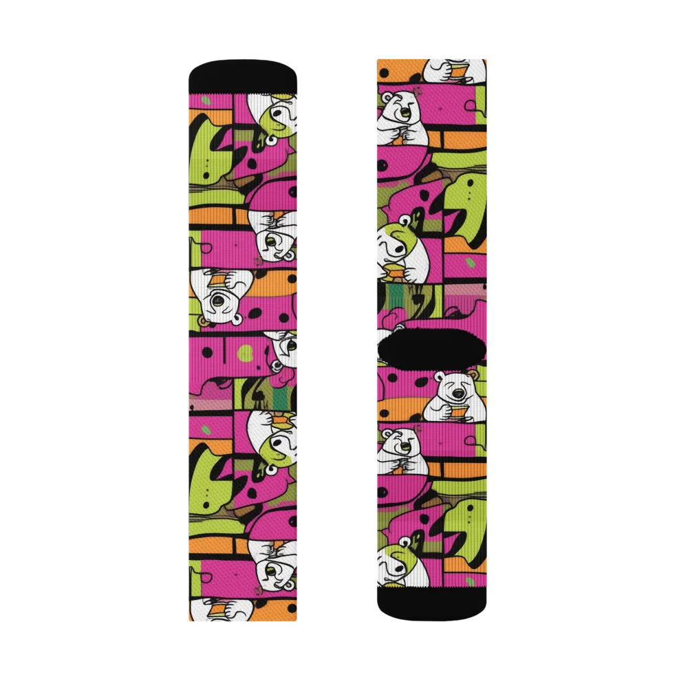 Neon Bear Blocks on Socks — Left Sock