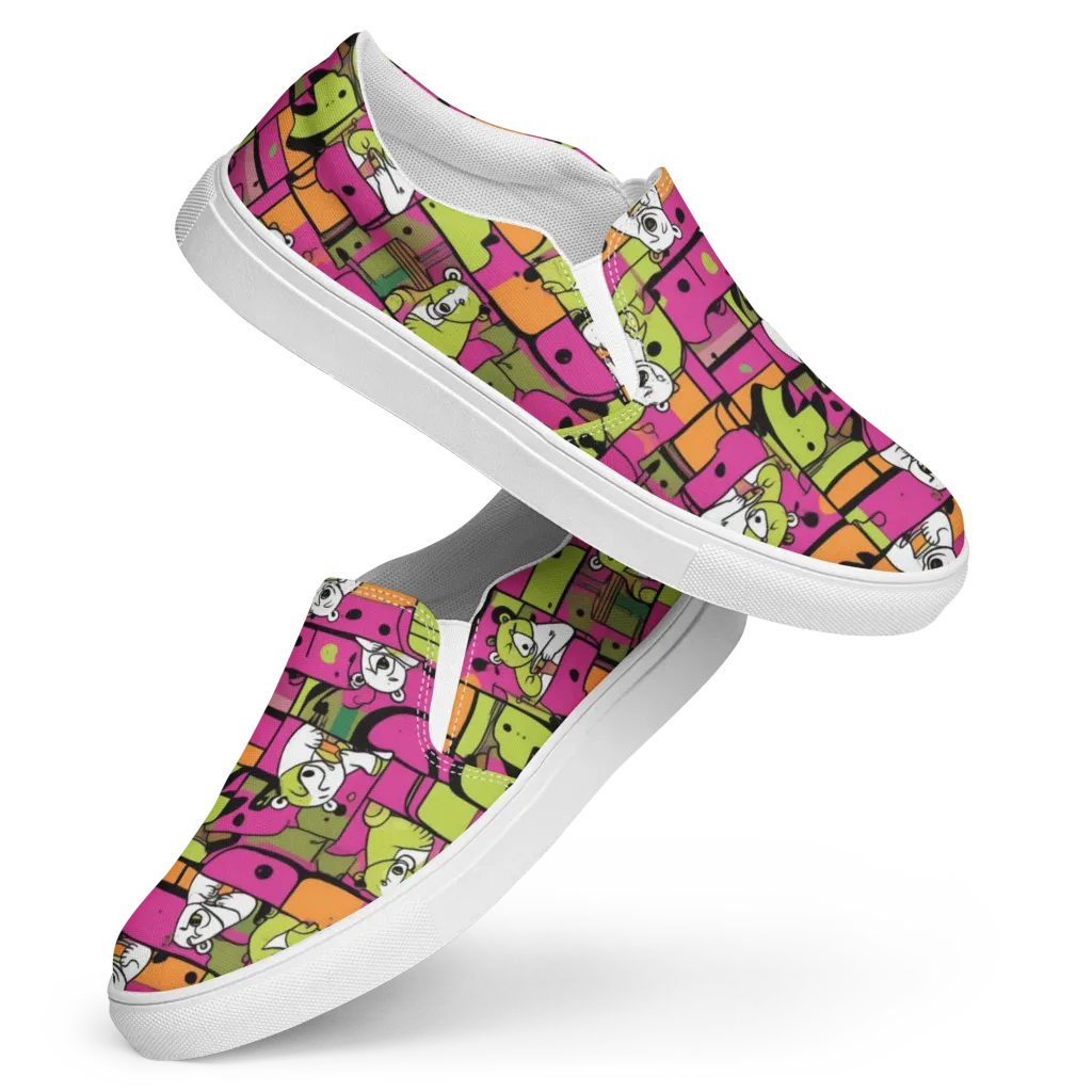 Neon Bear Blocks on Women's Slip-On Canvas Shoes — Front