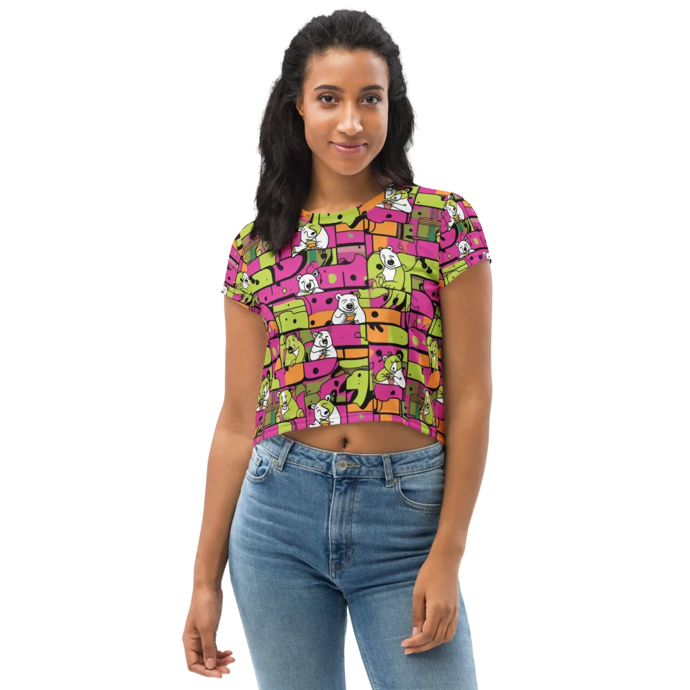 Neon Bear Blocks on Crop Tee — Front