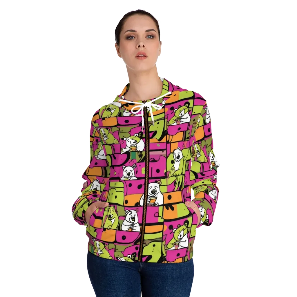 Neon Bear Blocks on Women's Full-Zip Hoodie — Front On Person