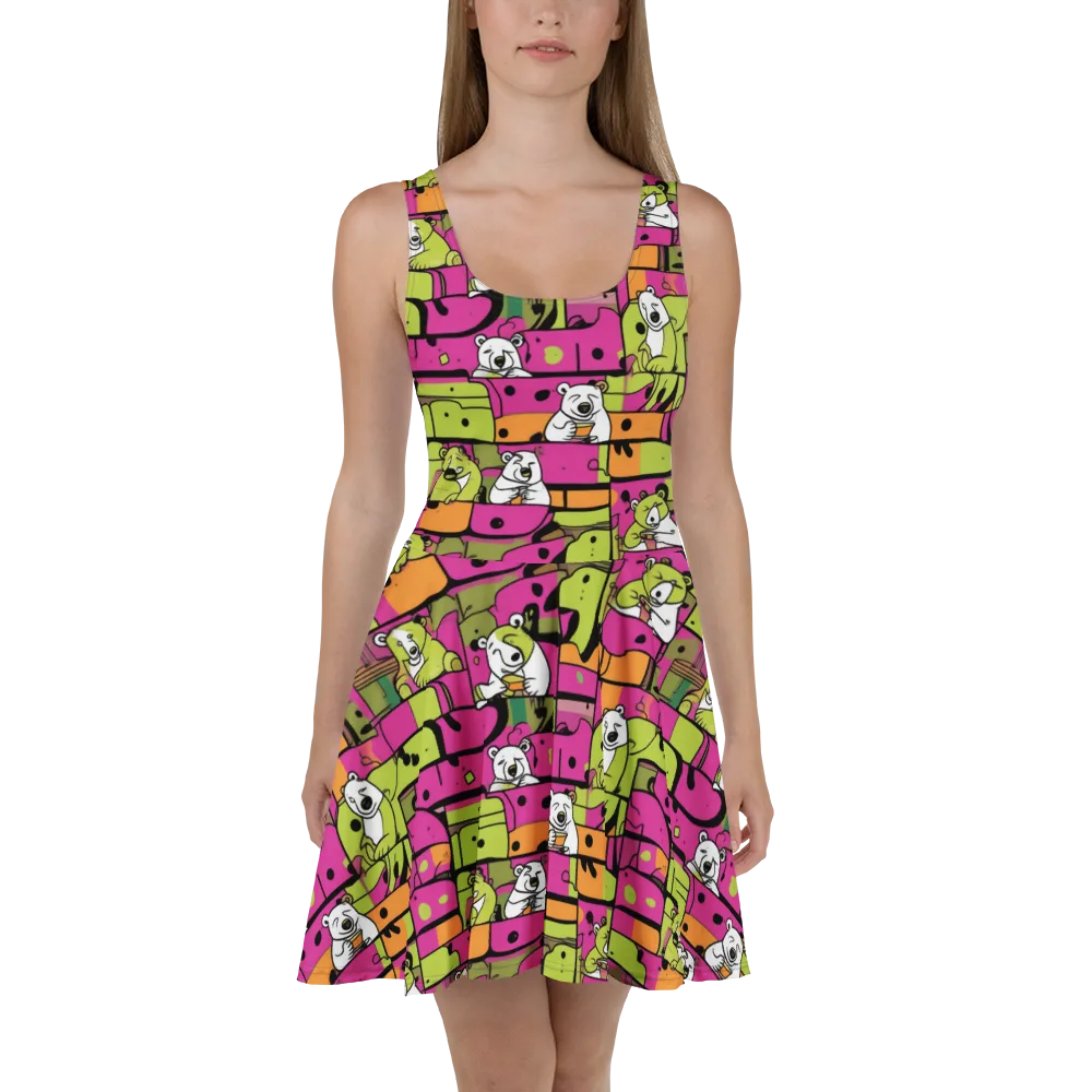 Neon Bear Blocks on Skater Dress — Front