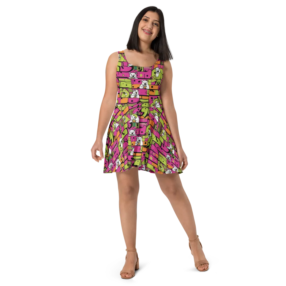 Neon Bear Blocks on Skater Dress — Front