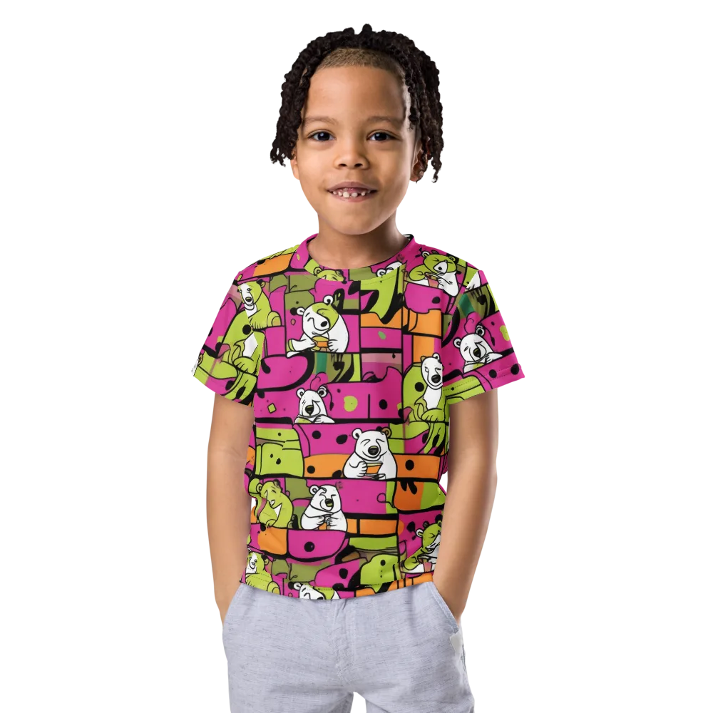 Neon Bear Blocks on Kids Crew Neck T-Shirt — Front
