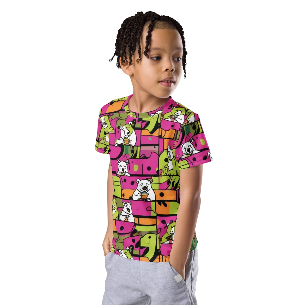 Neon Bear Blocks on Kids Crew Neck T-Shirt — Left Front