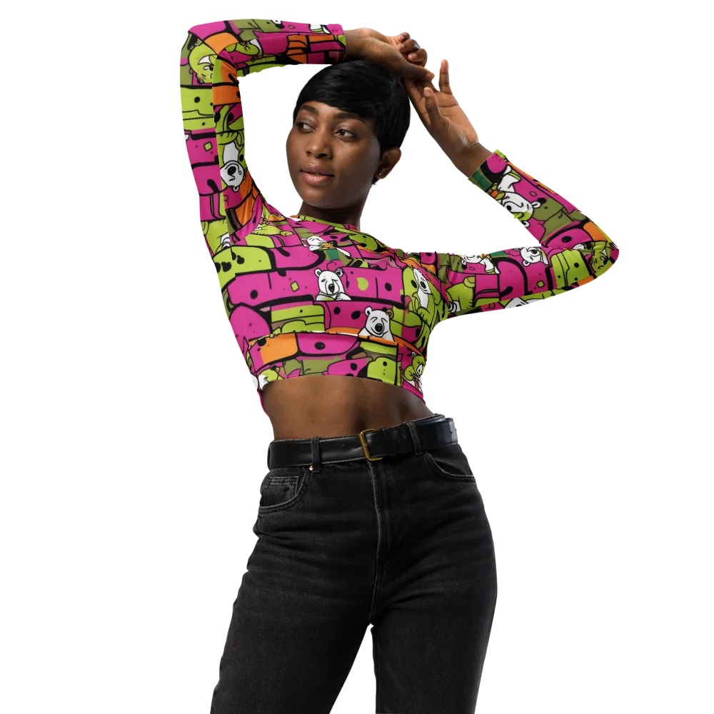Neon Bear Blocks on Long Sleeve Crop Top — Front