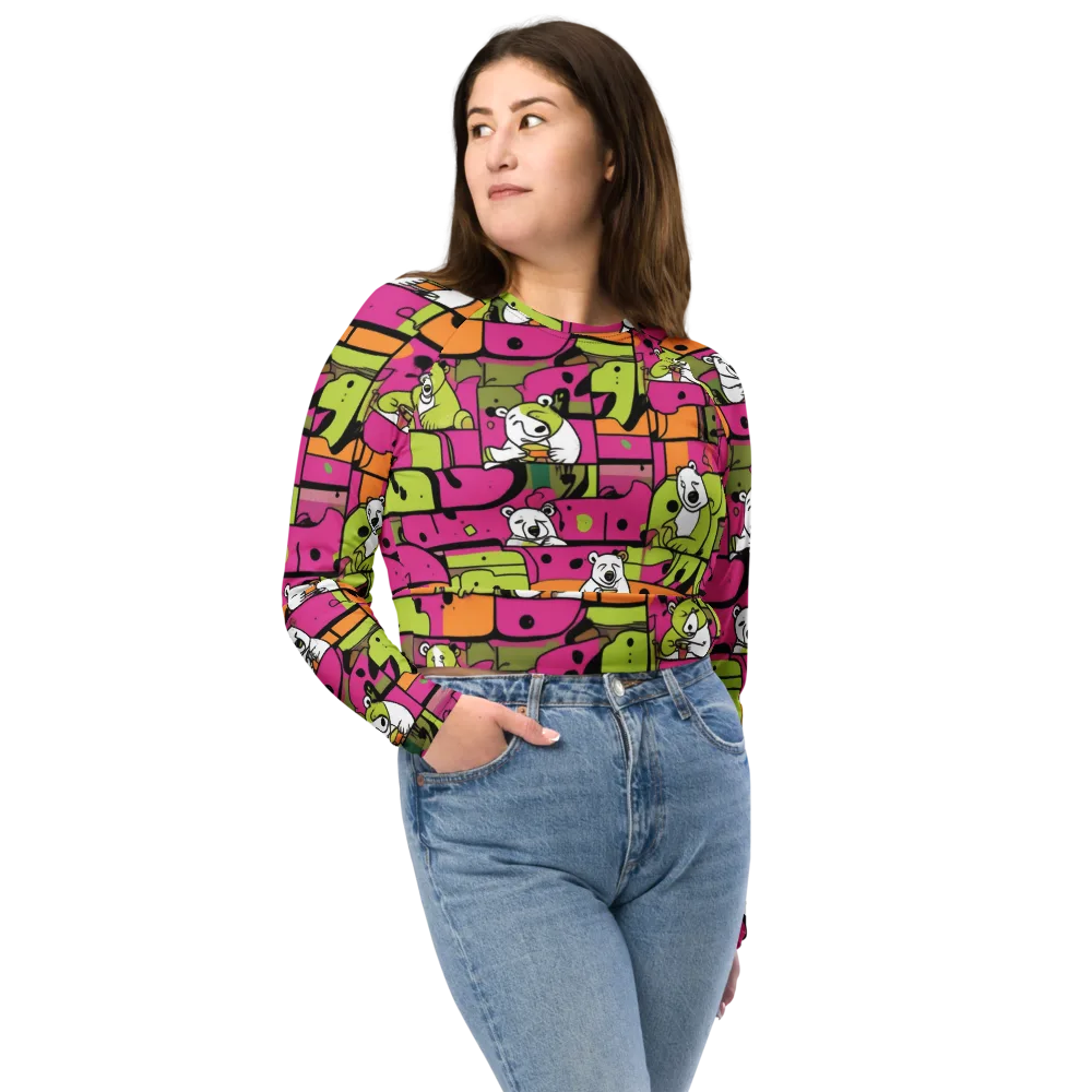 Neon Bear Blocks on Long Sleeve Crop Top — Front