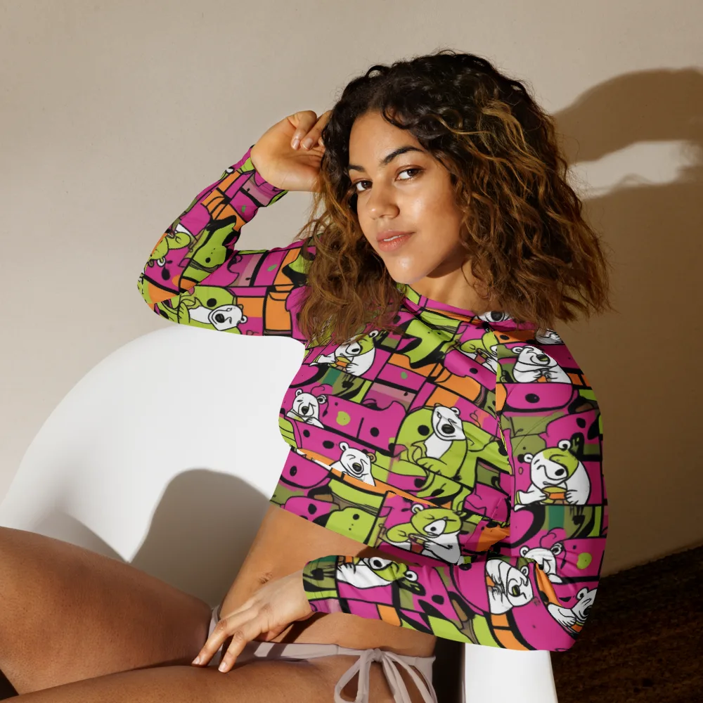 Neon Bear Blocks on Long Sleeve Crop Top — Left Front