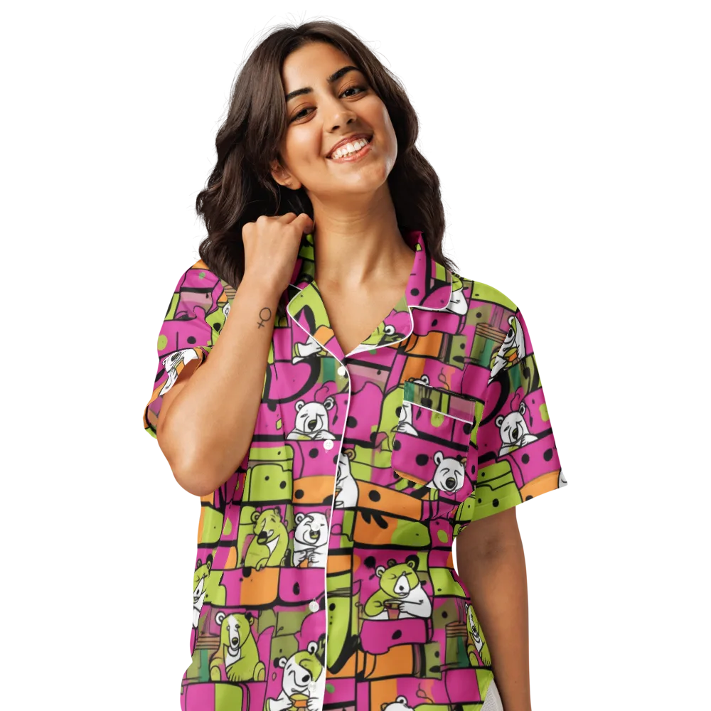 Neon Bear Blocks on Women's Short Sleeve Pajama Top — Front