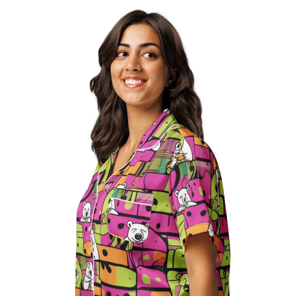 Neon Bear Blocks on Women's Short Sleeve Pajama Top — Left Front