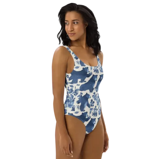 Blue Bearwood on a One-Piece Swimsuit