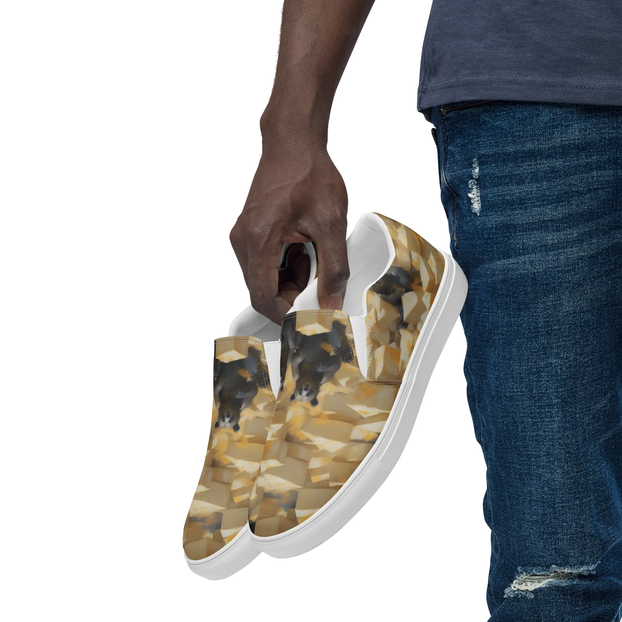 Cheddar Bear Society on Men's Slip-On Canvas Shoes — Left Front