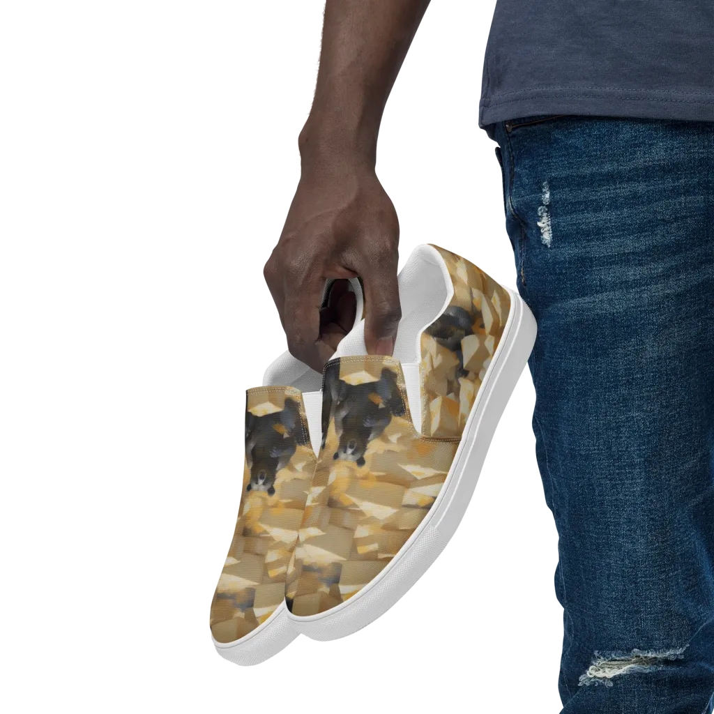 Cheddar Bear Society on Men's Slip-On Canvas Shoes — Left Front