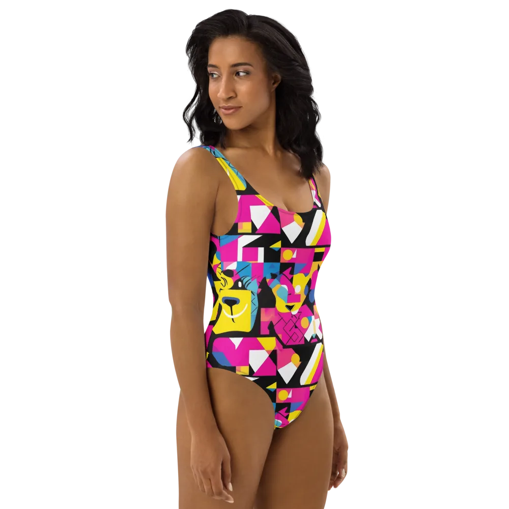 Neon Mask Parade on One-Piece Swimsuit — Right