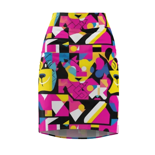 Neon Mask Parade on a Pencil Skirt