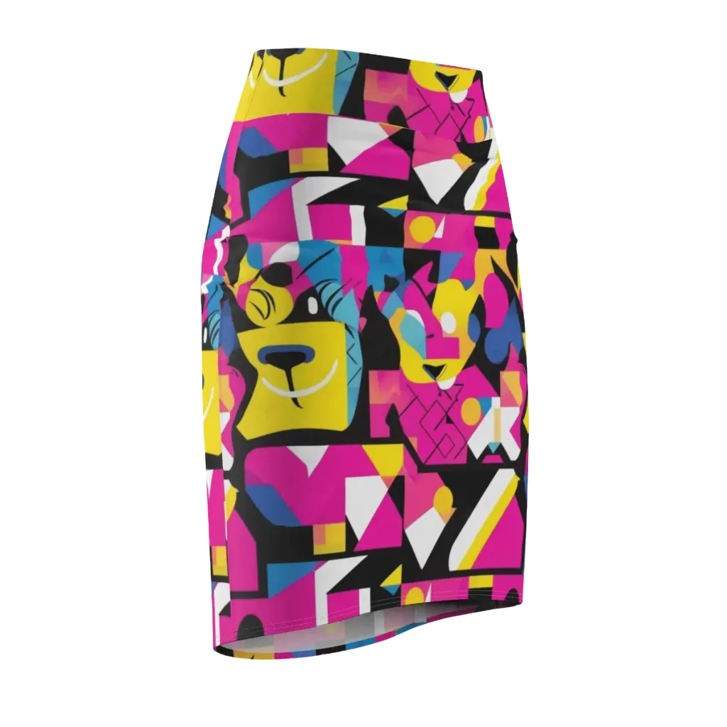Neon Mask Parade on Pencil Skirt — Front Side