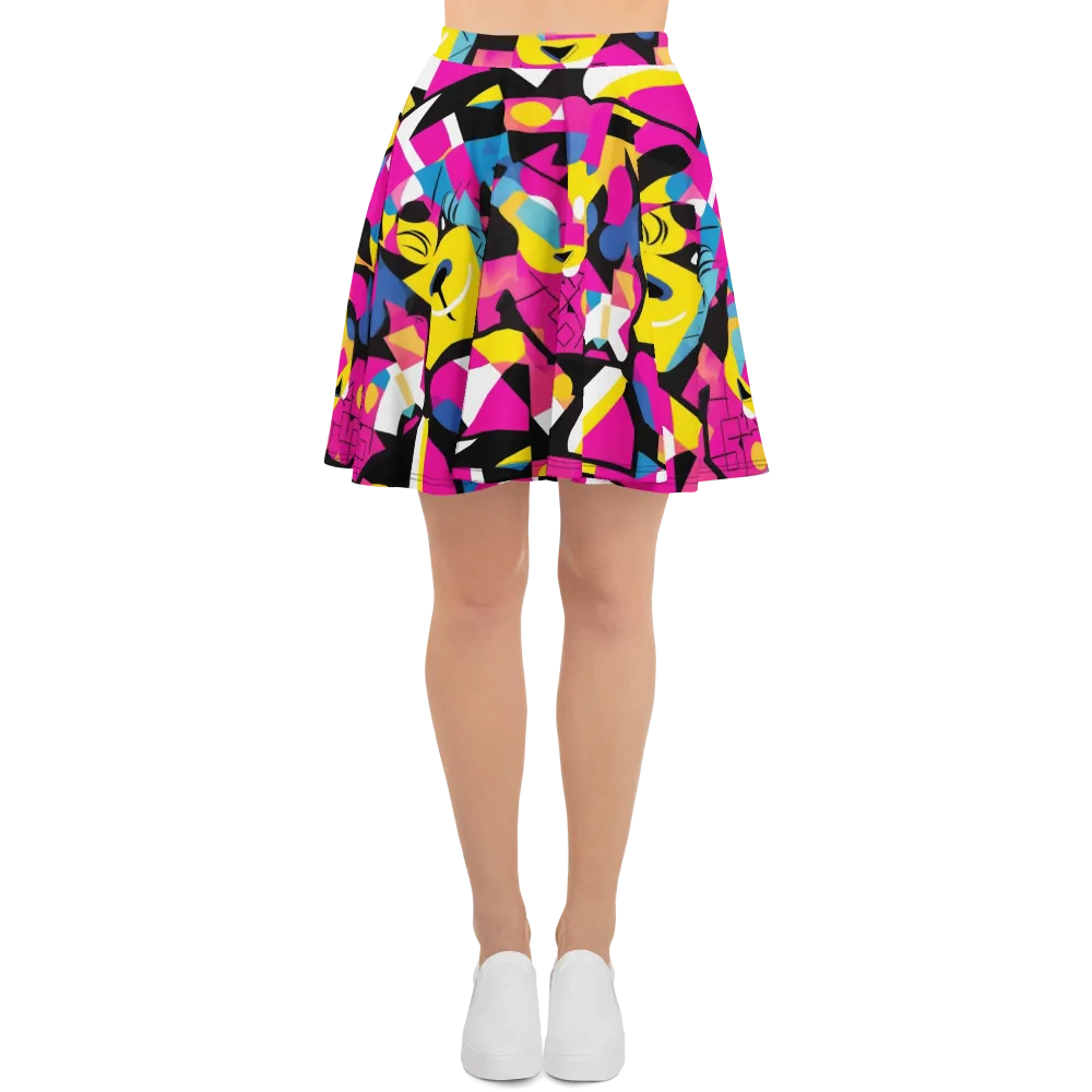 Neon Mask Parade on Skater Skirt — Front