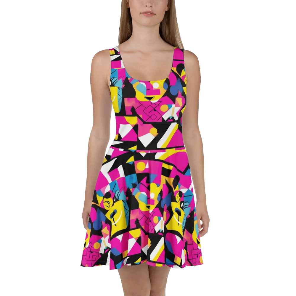 Neon Mask Parade on Skater Dress — Front